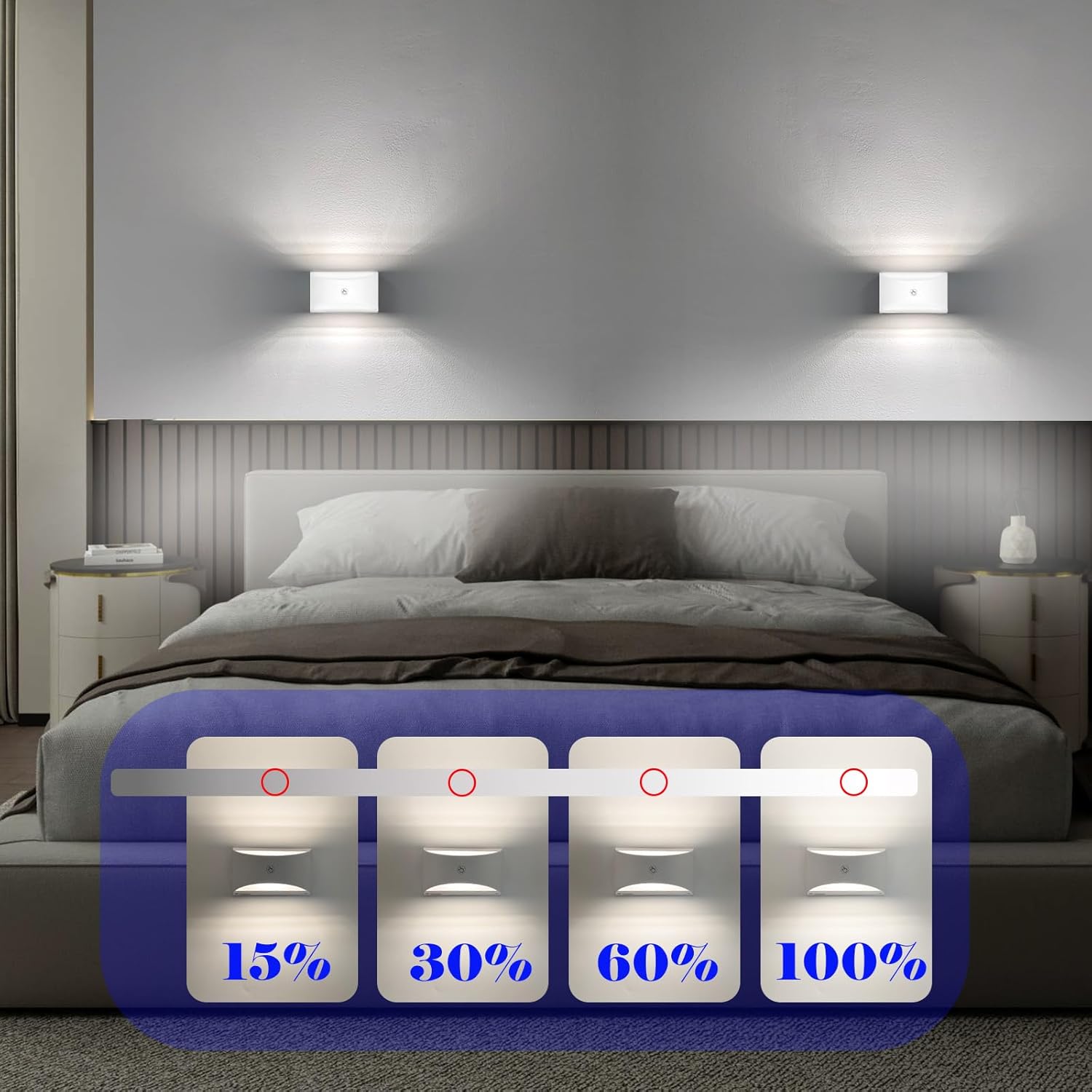 Joyes LED rechargeable wall lights illuminating a stylish bedroom with adjustable brightness settings