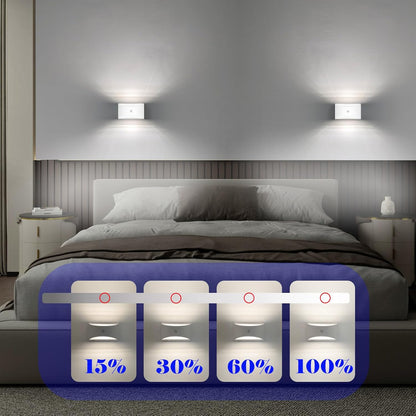 Joyes LED rechargeable wall lights illuminating a stylish bedroom with adjustable brightness settings