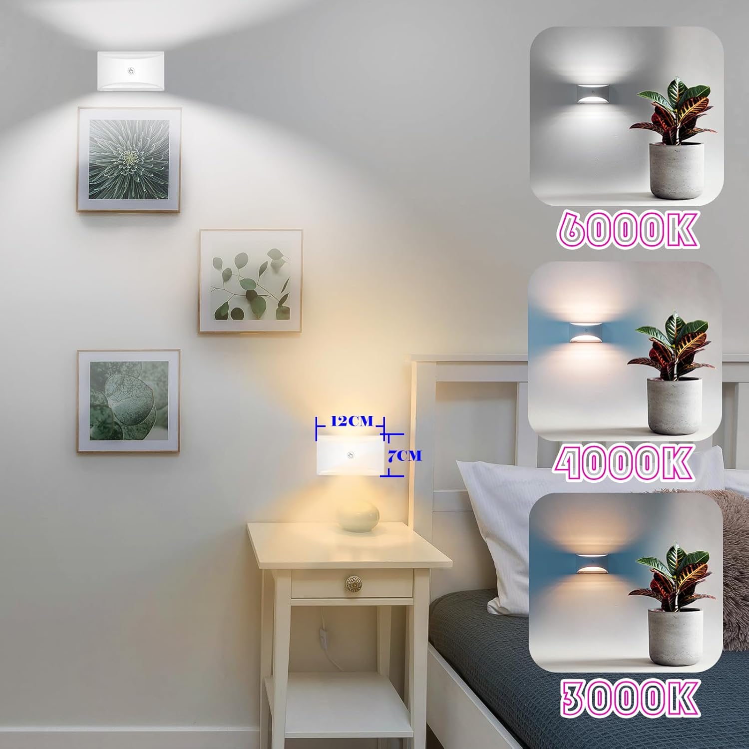 Joyes LED rechargeable wall lights showcasing adjustable colour temperatures in a stylish bedroom setting