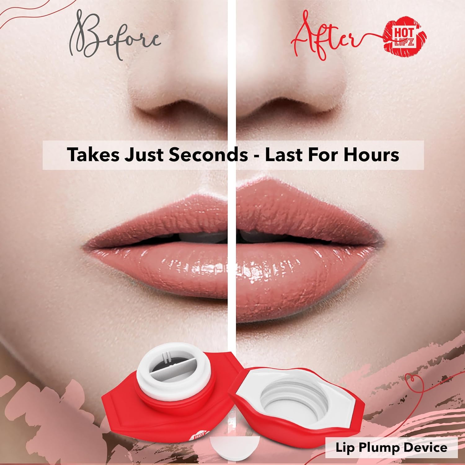 Miss Pouty Lip Plumper Device for fuller lips in seconds, long-lasting results showcased in before and after images.