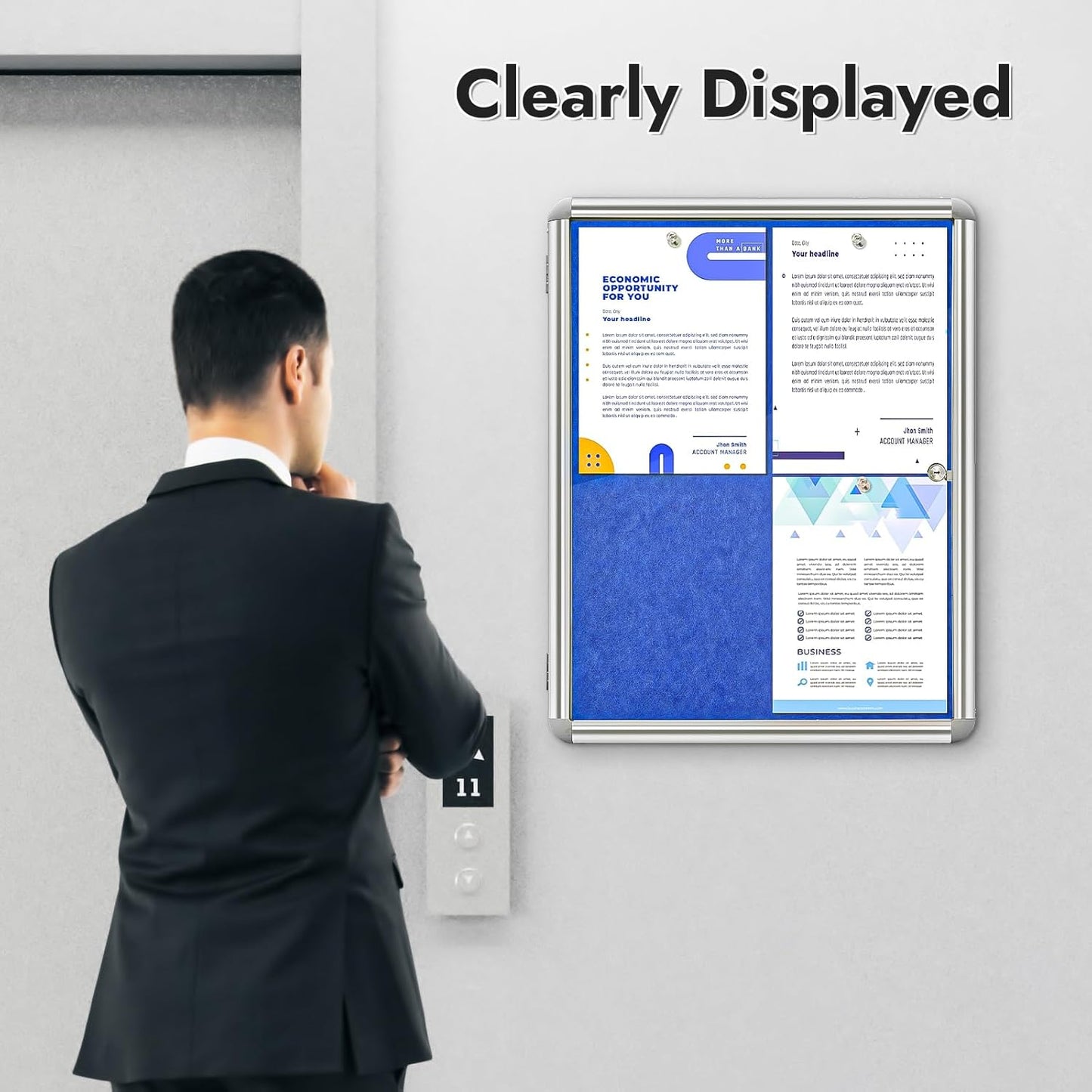Sliandtelly lockable notice board mounted on wall displaying important announcements and information