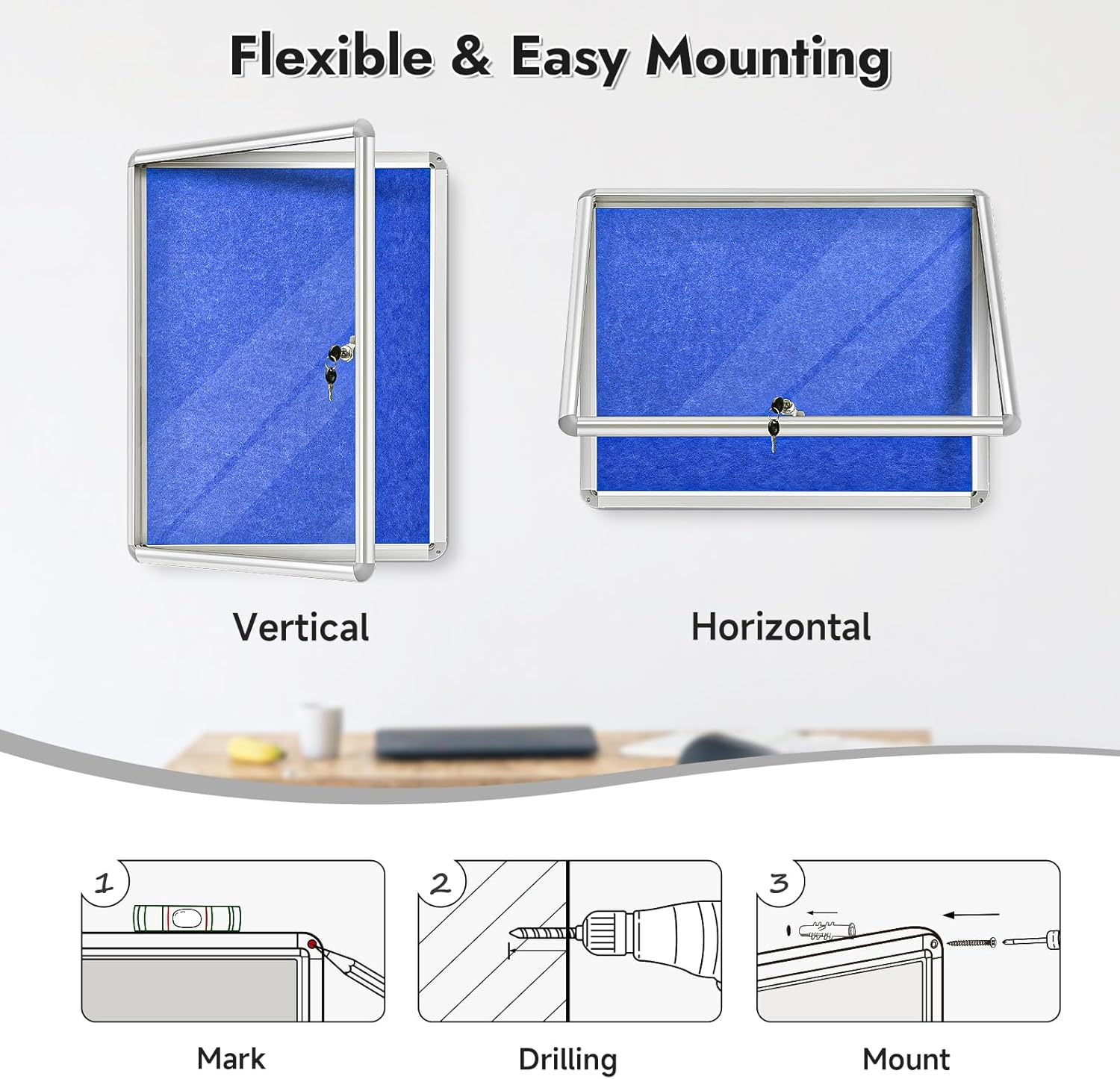 Sliandtelly lockable notice board in blue, easily mountable in vertical or horizontal orientation