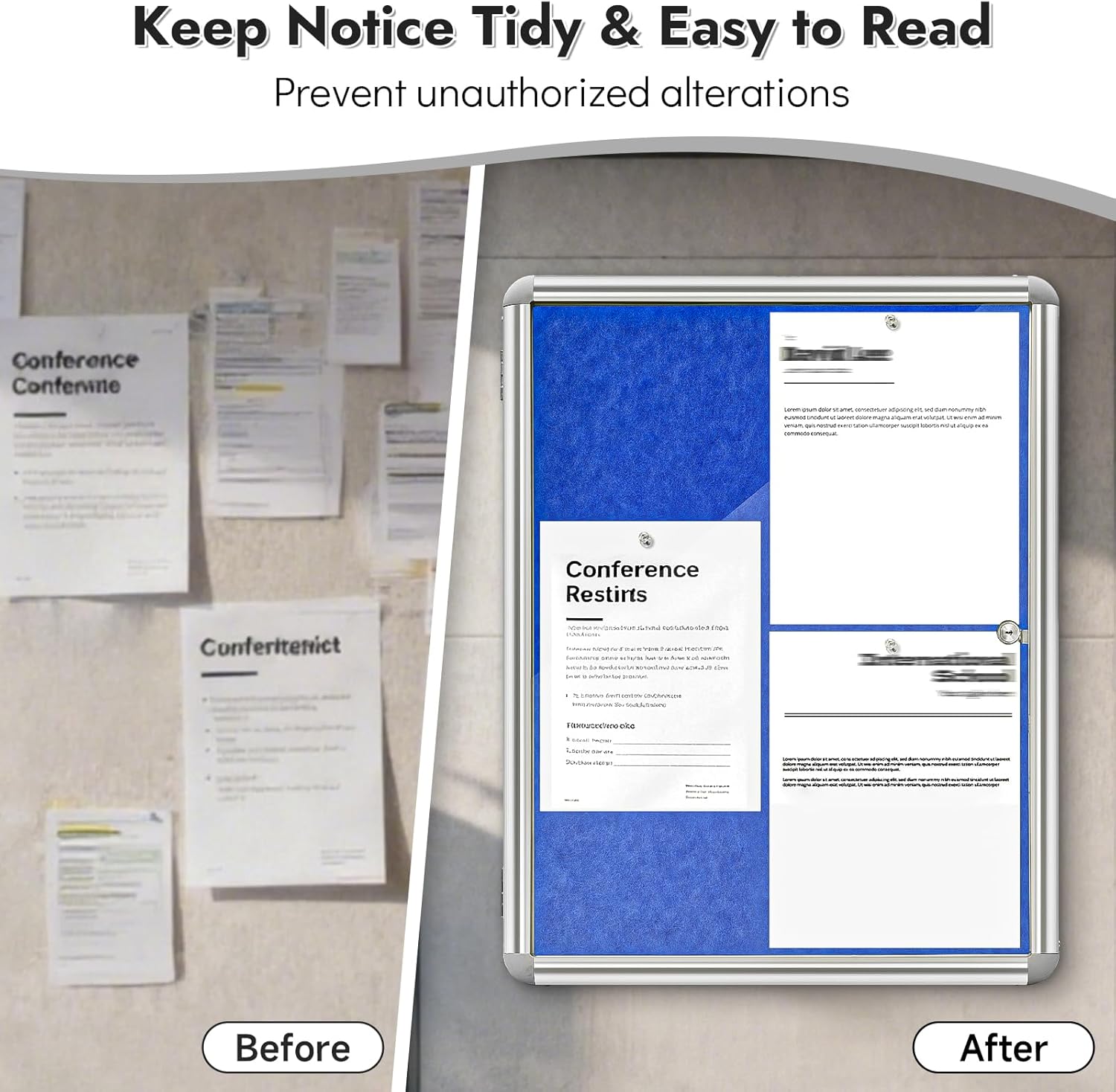 Sliandtelly lockable notice board with blue felt backing for secure document display and protection