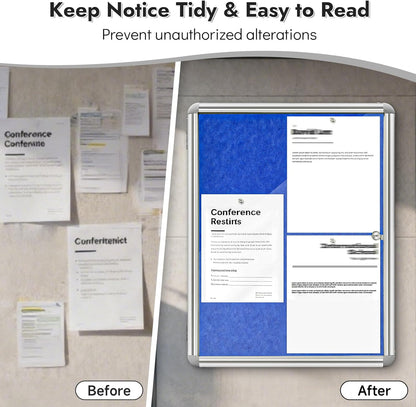 Sliandtelly lockable notice board with blue felt backing for secure document display and protection