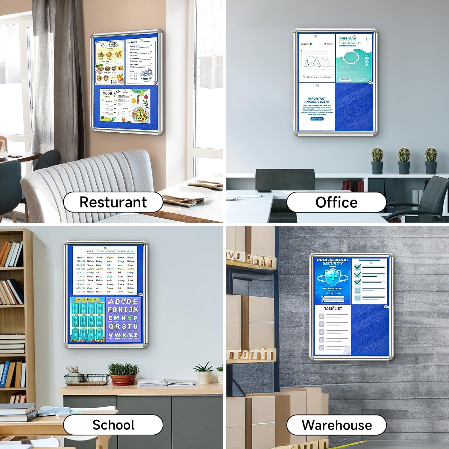Sliandtelly lockable notice board displayed in various settings like office and school for secure information display