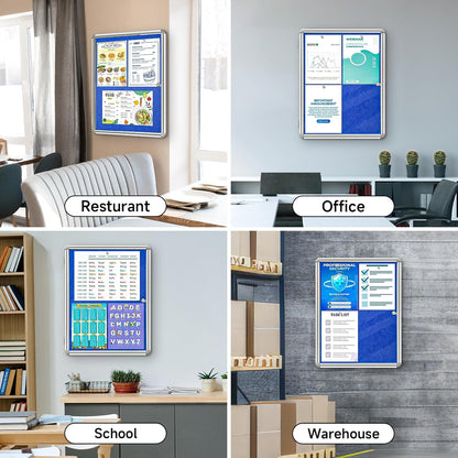Sliandtelly lockable notice board displayed in various settings like office and school for secure information display