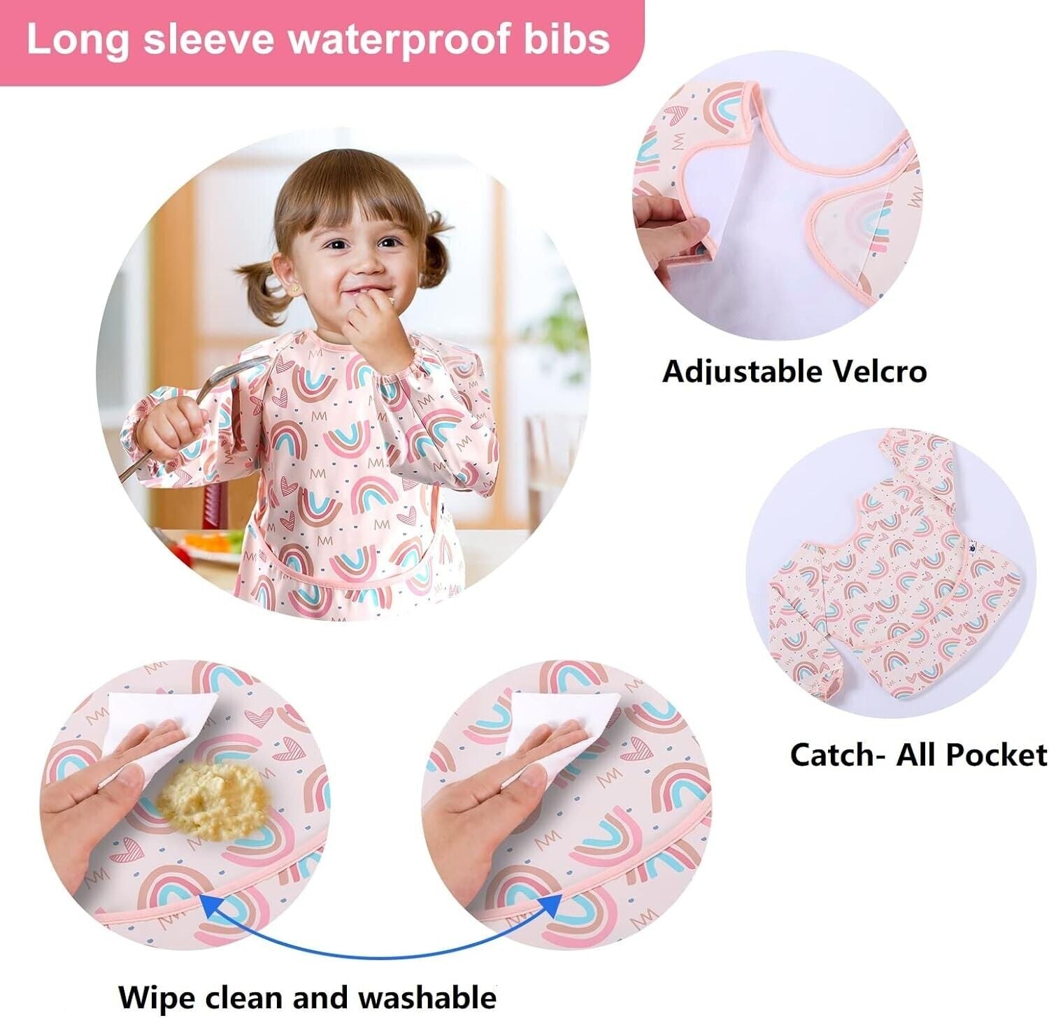 Long sleeve weaning bibs with adjustable Velcro and catch-all pocket for easy cleaning