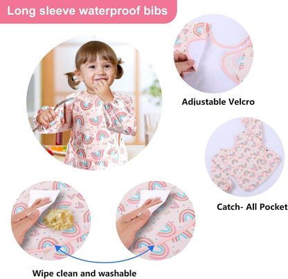 Long sleeve weaning bibs with adjustable Velcro and catch-all pocket for easy cleaning