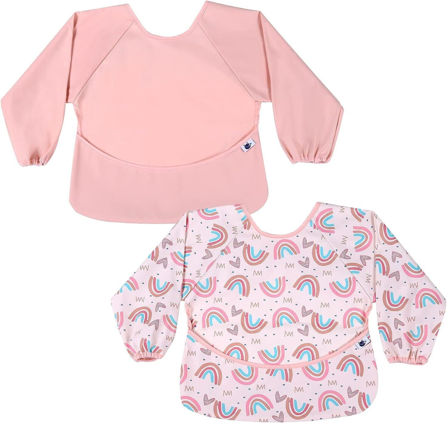 Two long sleeve weaning bibs in pink and rainbow patterns for mess-free meal times
