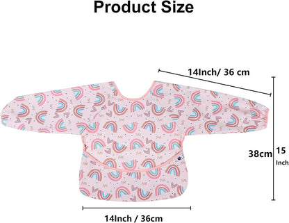 Long sleeve weaning bibs with a colourful rainbow design for mess-free feeding sessions