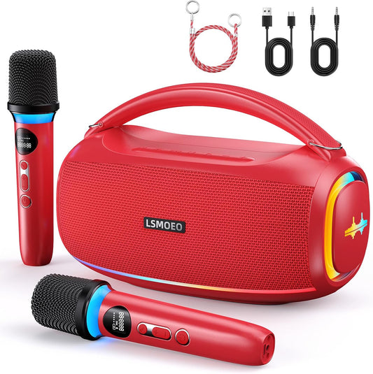 LSMOEO red karaoke Bluetooth speaker for parties with two microphones and colourful lights