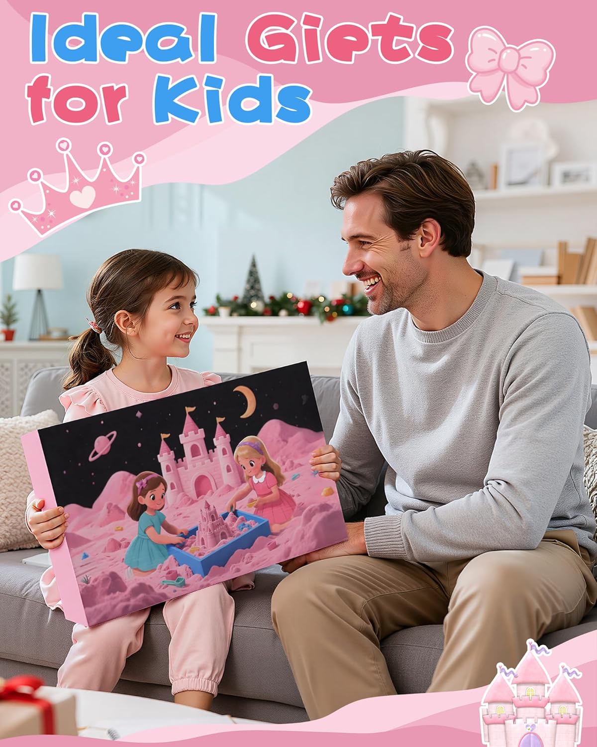 Child and adult smiling with magic sand castle set for kids in a playful living room setting