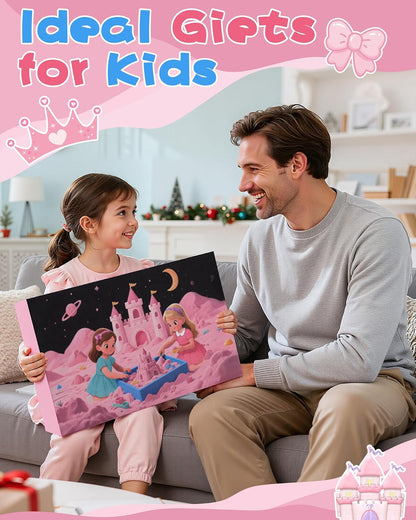 Child and adult smiling with magic sand castle set for kids in a playful living room setting