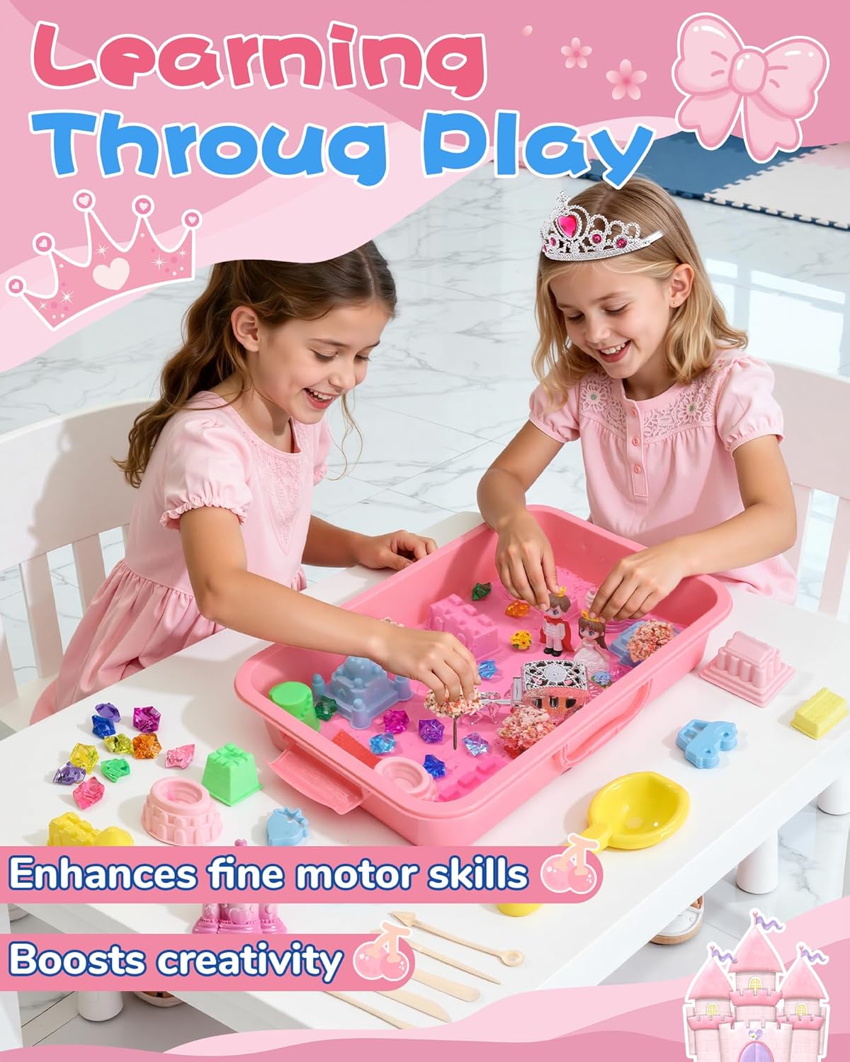 Two girls playing with a magic sand castle set for kids, enhancing creativity and fine motor skills