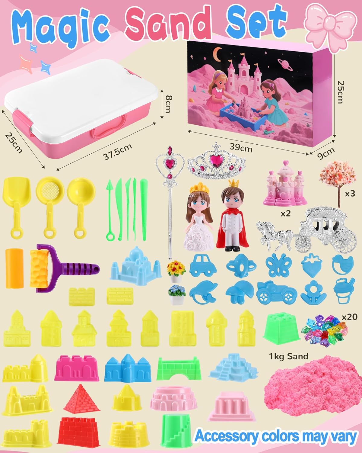 Magic sand castle set for kids with various tools, moulds, and colourful sand for imaginative play
