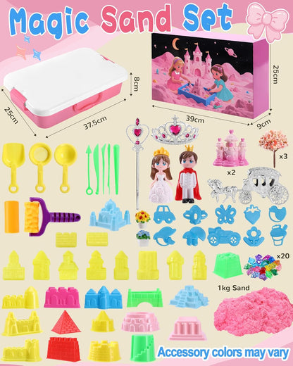 Magic sand castle set for kids with various tools, moulds, and colourful sand for imaginative play