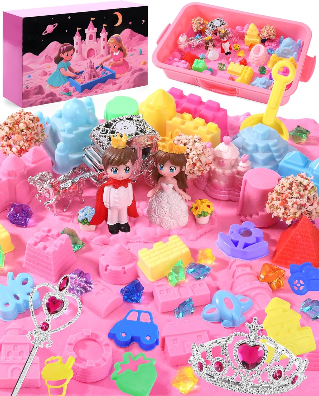 Magic sand castle set for kids featuring colorful molds, figures, and accessories for imaginative play