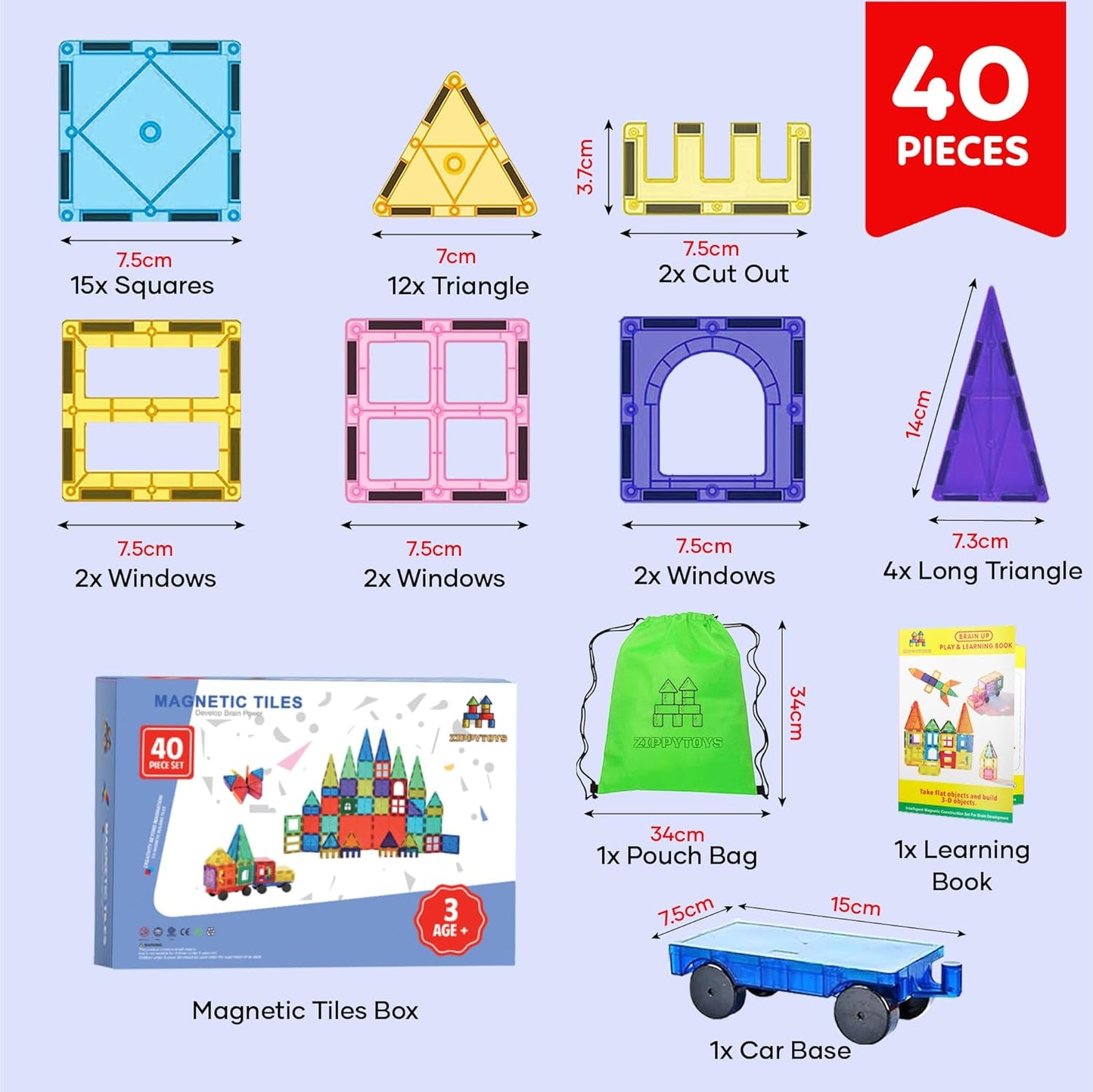 Zippytoys magnetic tiles building blocks set with 40 pieces including various shapes and a car base