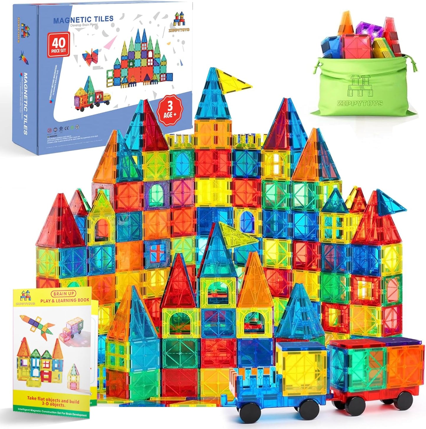 Zippytoys magnetic tiles building blocks set with 40 colourful pieces and educational play learning book