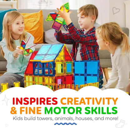 Children playing with a magnetic tiles building blocks set, creating structures and enhancing creativity