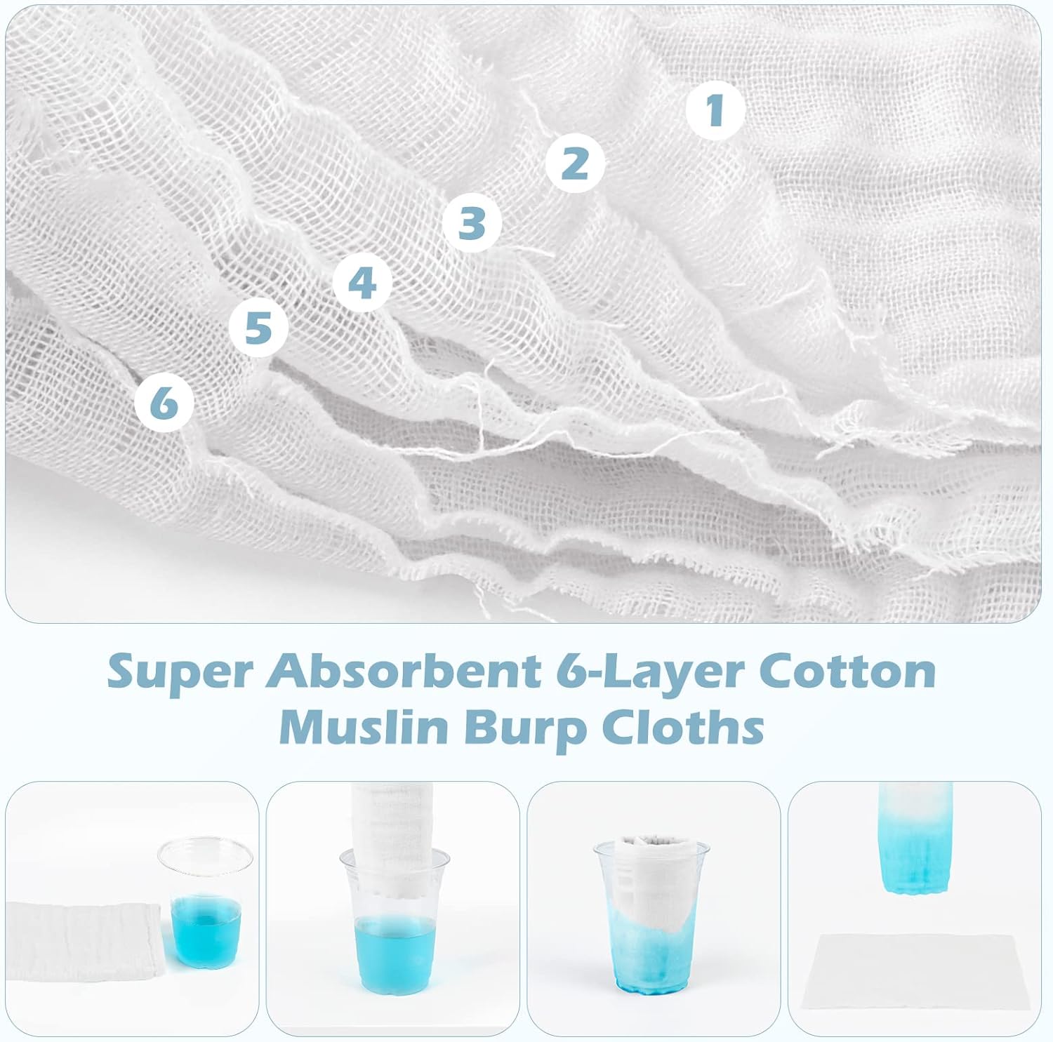 Maliton Super Absorbent 6-Layer Cotton Muslin Burp Cloths for Baby in White
