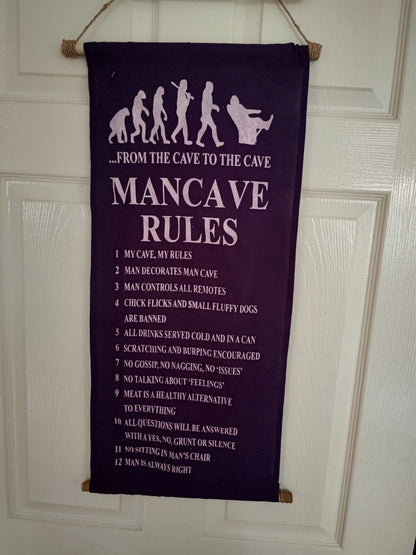 Purple man cave rules sign featuring humorous rules for a man cave decor