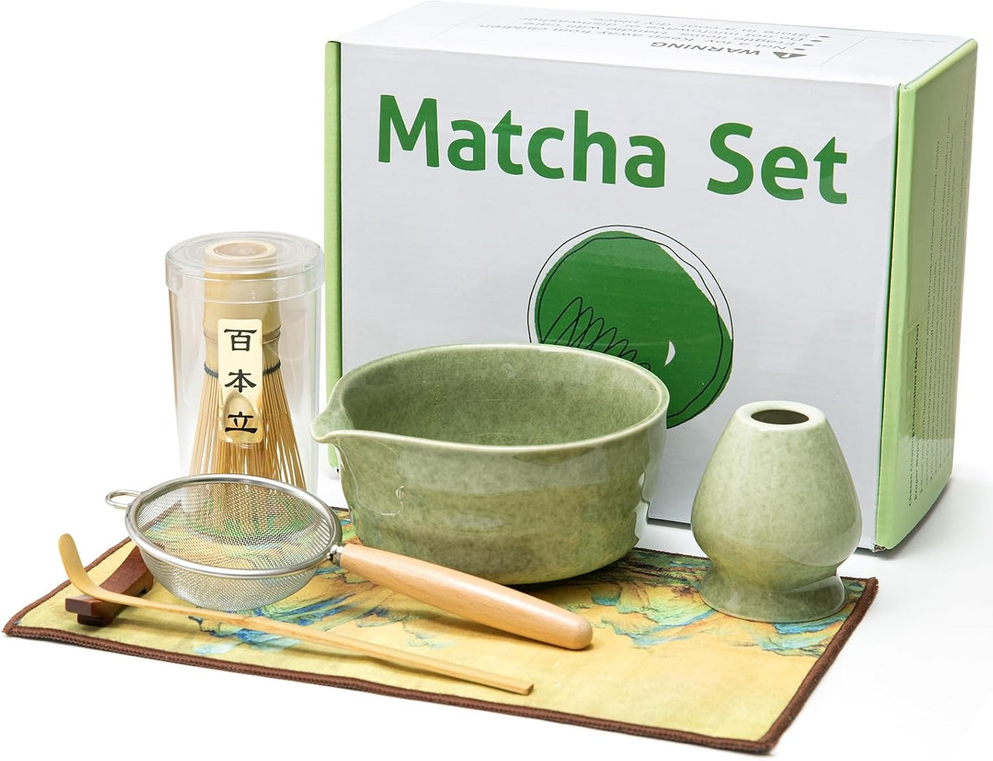 Fagalil matcha whisk set including bowl, whisk, and strainer for preparing traditional matcha tea
