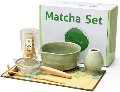 Fagalil matcha whisk set including bowl, whisk, and strainer for preparing traditional matcha tea