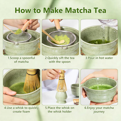 Step-by-step guide on making matcha tea with a matcha whisk set and green tea bowls