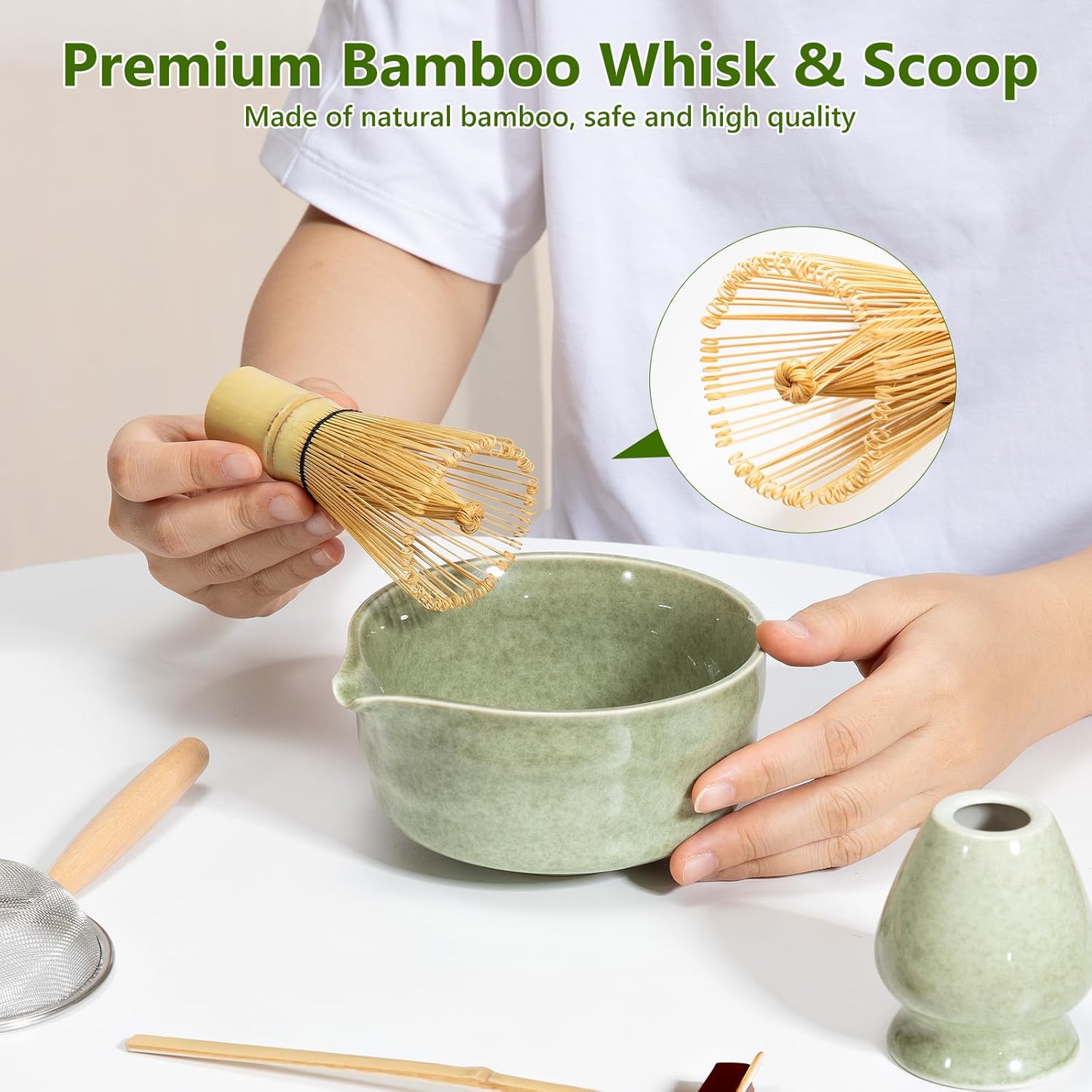 Fagalil matcha whisk set featuring a bamboo whisk and scoop designed for preparing matcha tea