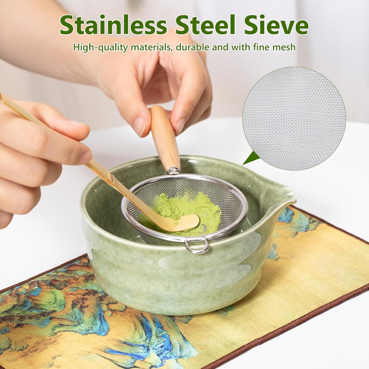 Fagalil matcha whisk set with a stainless steel sieve and green bowl for preparing matcha tea