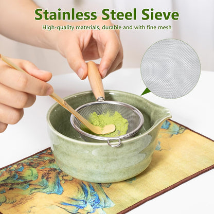 Fagalil matcha whisk set with a stainless steel sieve and green bowl for preparing matcha tea