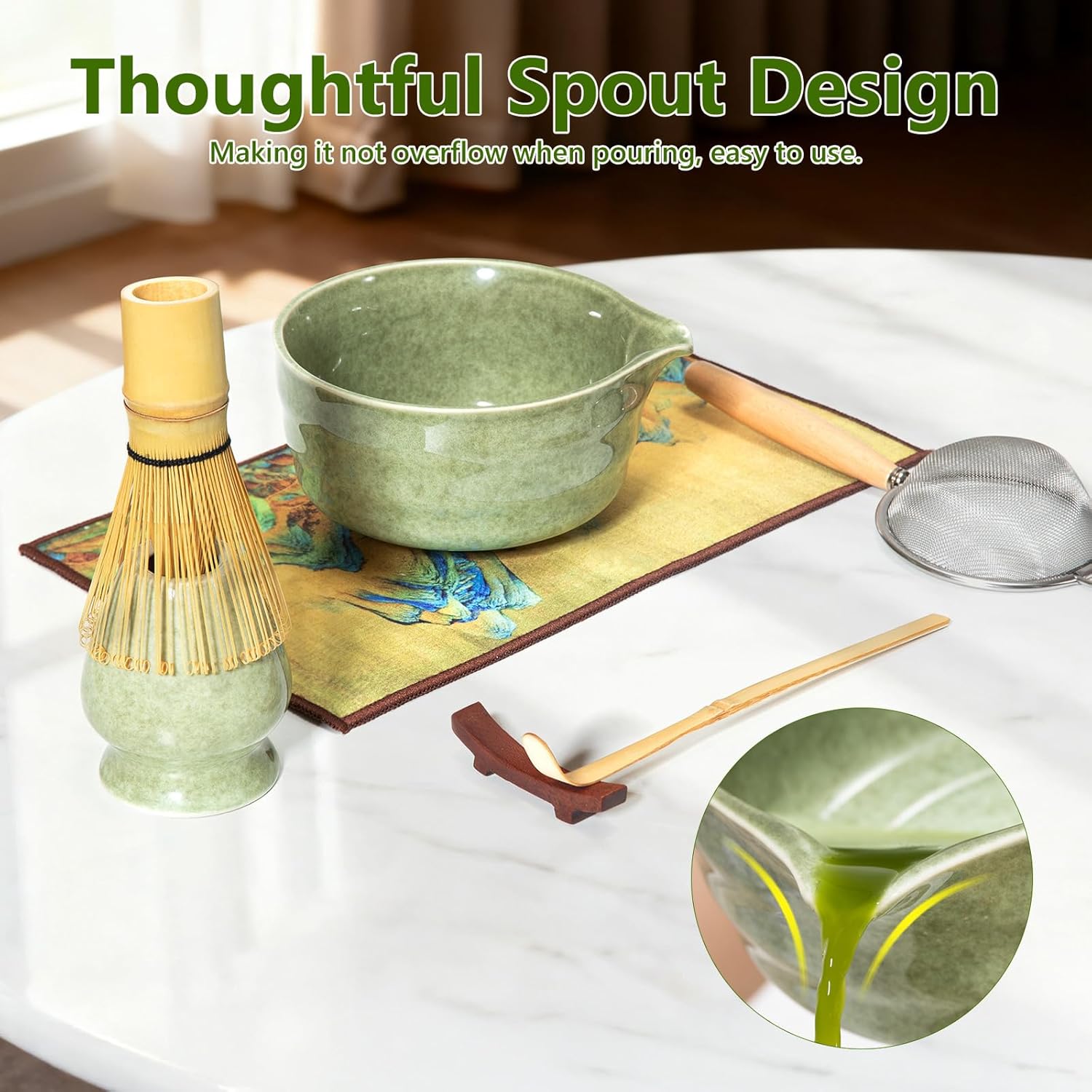 Fagalil matcha whisk set featuring a thoughtful spout design for easy pouring without overflow