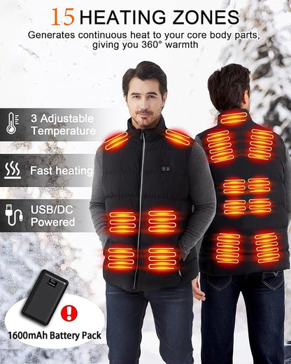 Men's heated vest with battery pack featuring 15 heating zones for ultimate warmth and comfort