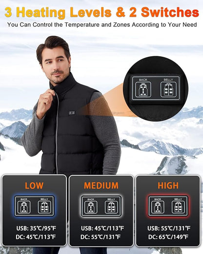 SSLKJD men's heated vest with battery pack featuring 3 heating levels and easy control switches