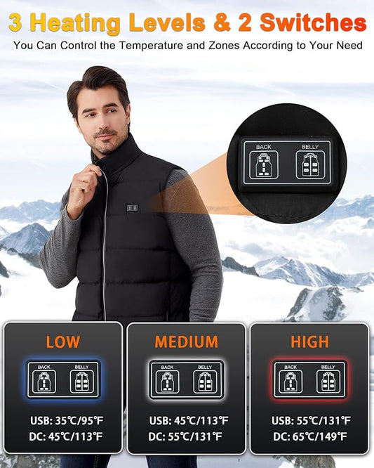 SSLKJD men's heated vest with battery pack featuring 3 heating levels and easy control switches