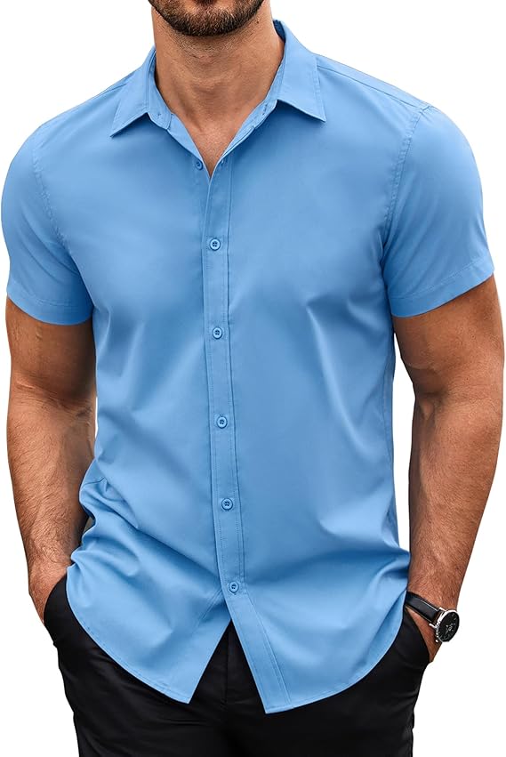 COOFANDY men's summer short sleeve shirt in light blue, perfect for casual outings and warm weather.