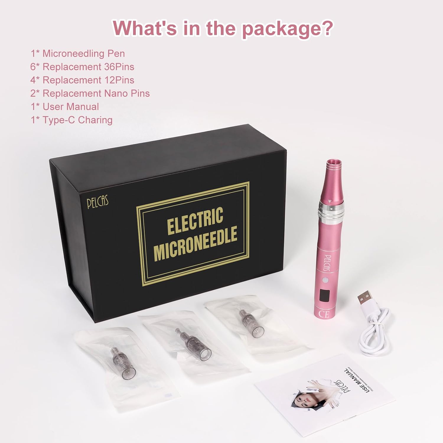 PELCAS microneedling pen with LCD screen, replacement needles and charging accessories included in the package