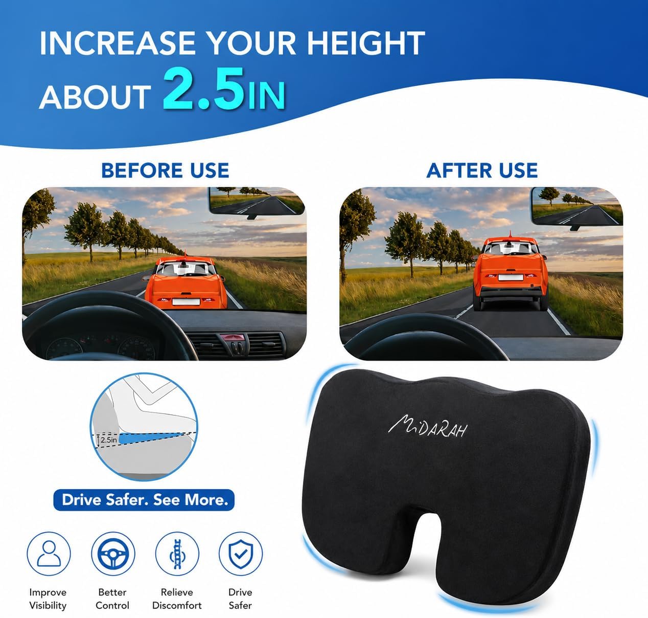 MiDARAH cushion seat designed to increase height by 2.5 inches for improved visibility while driving