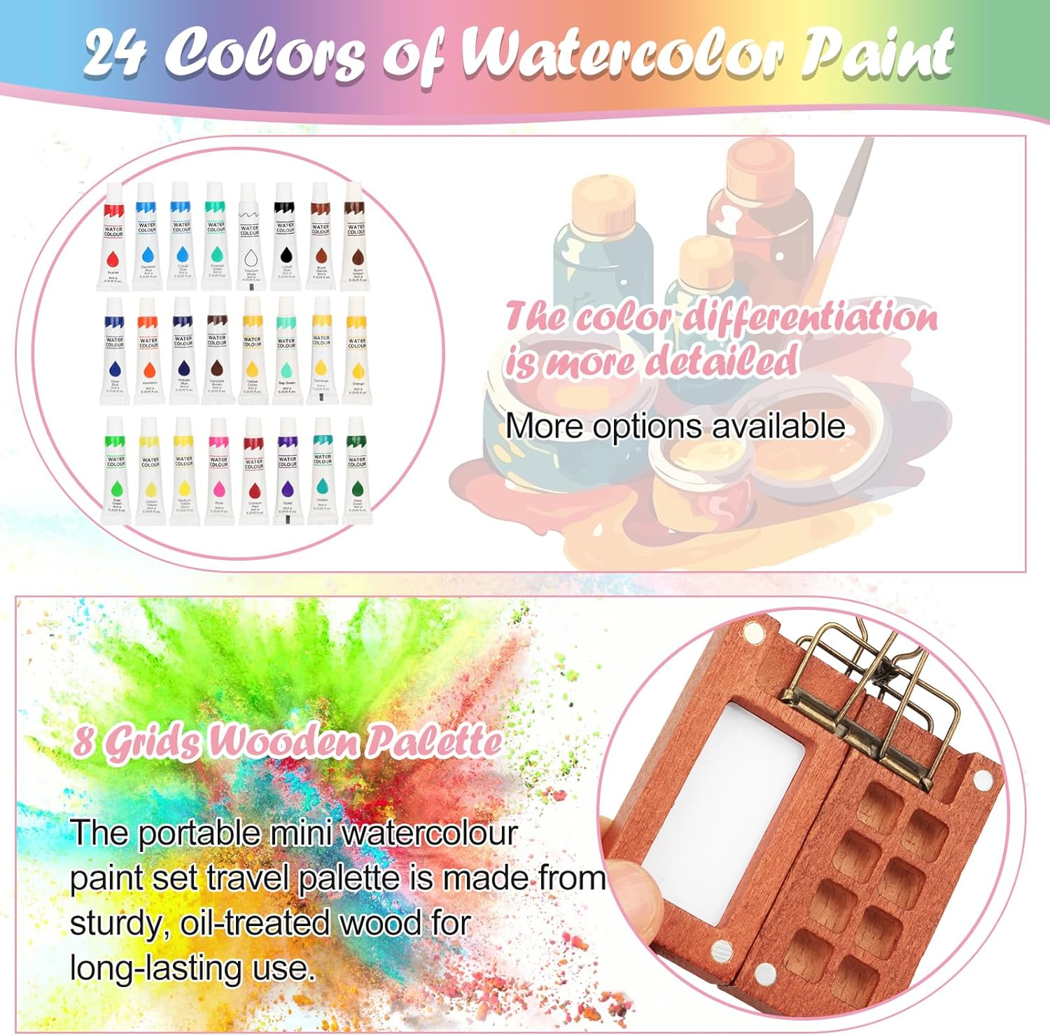 24 Colour mini watercolour paint set with wooden palette for detailed art projects