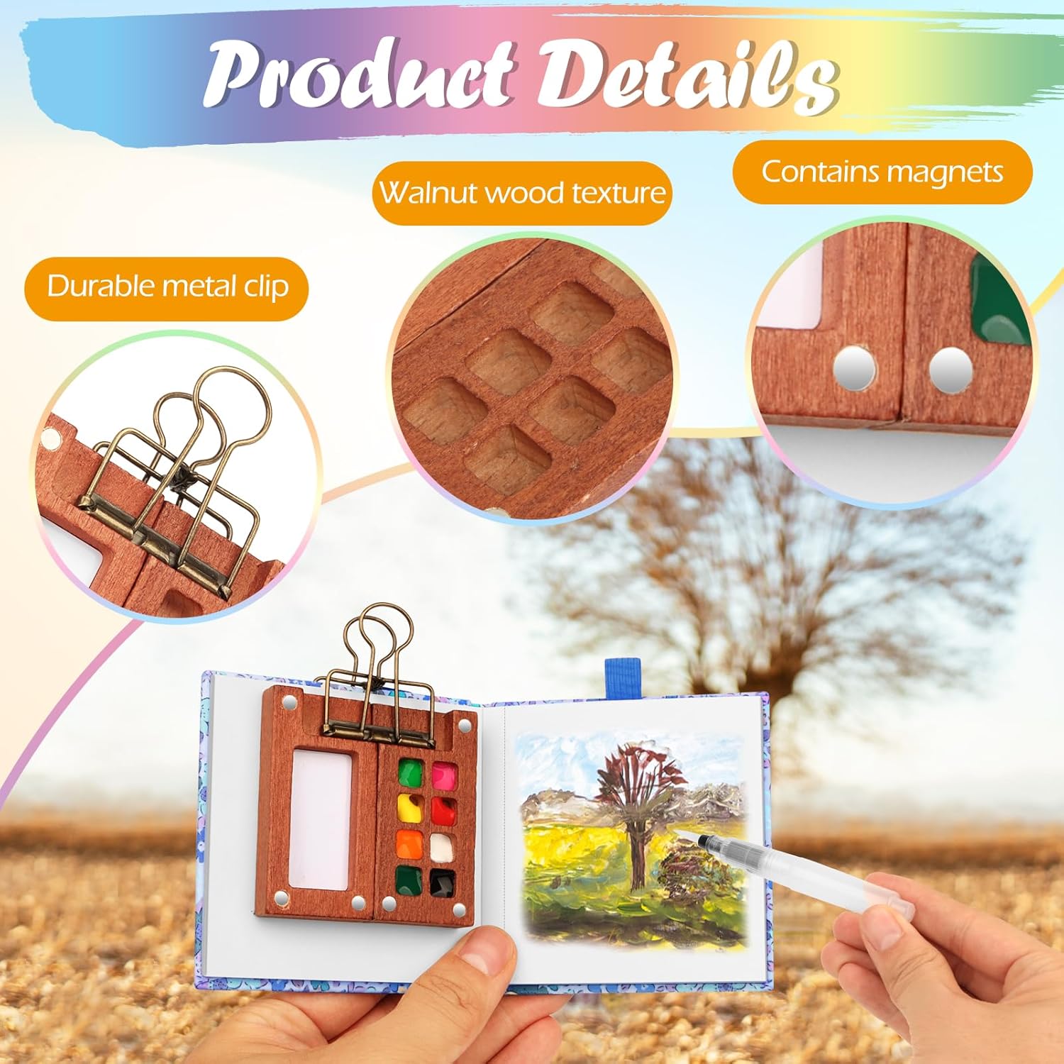 BLSFXROE mini watercolour paint set featuring a walnut wood texture and durable metal clip for easy use