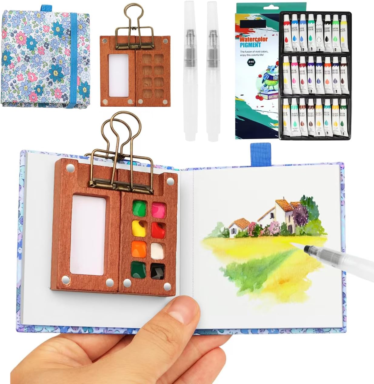 BLSFXROE mini watercolour paint set with portable palette and painting tools for artists