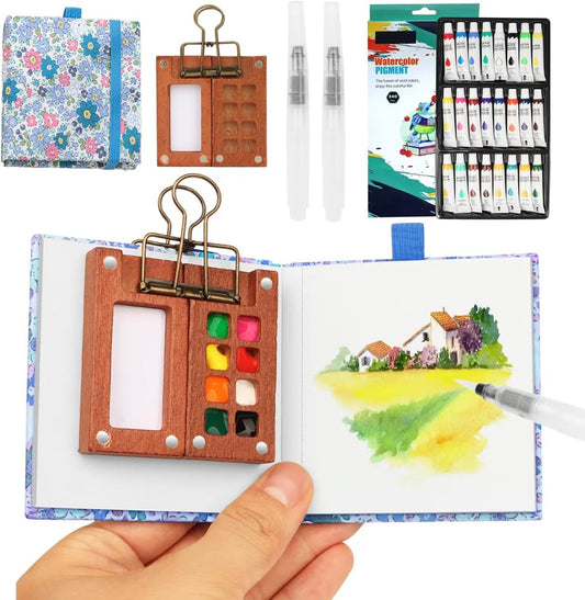 BLSFXROE mini watercolour paint set with portable palette and painting tools for artists