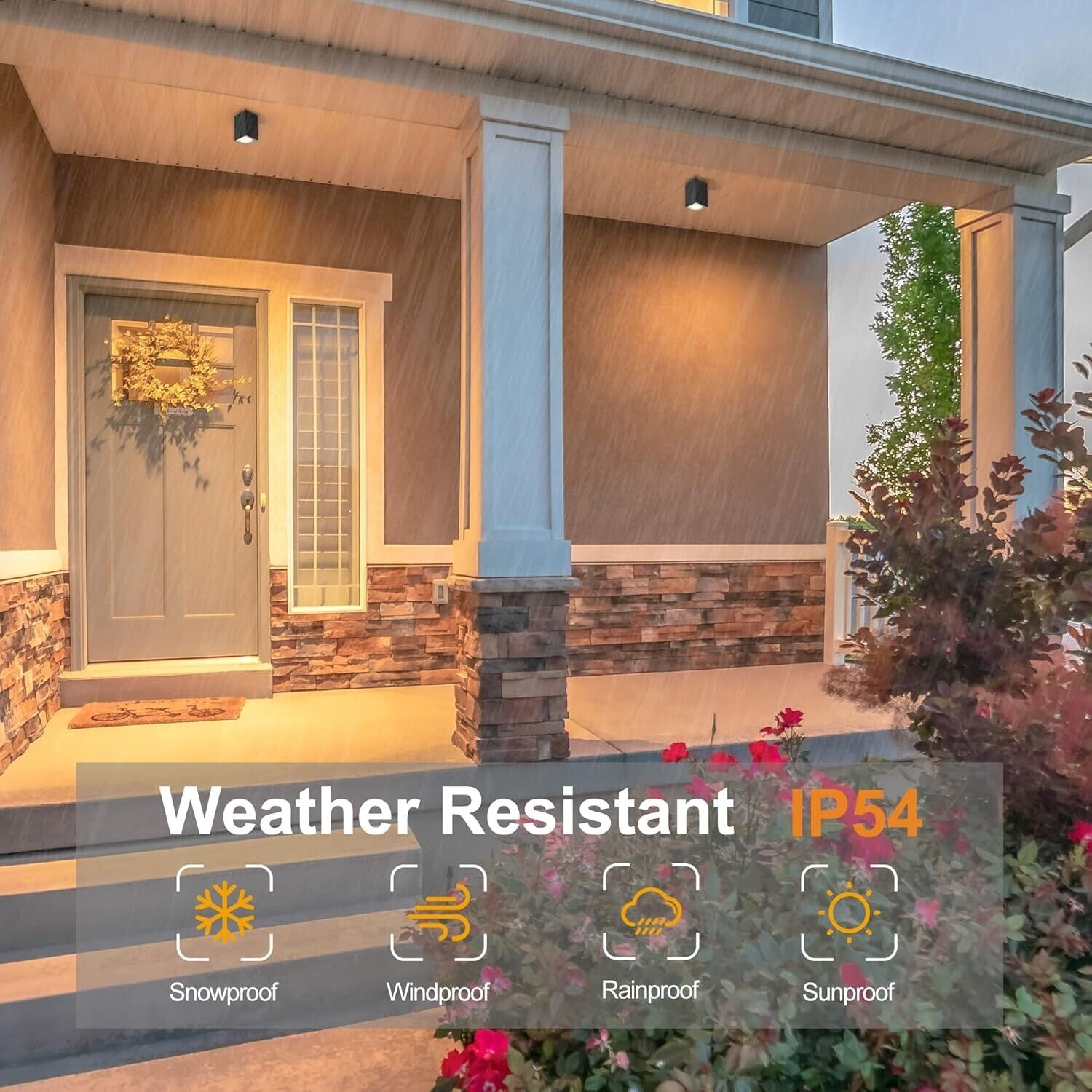 Weather-resistant modern ceiling spotlights illuminating a porch entryway during rainfall