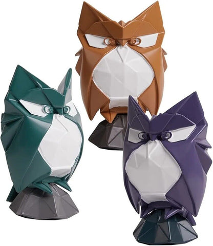 Set of three modern owl sculptures in green, brown, and purple for stylish home decor