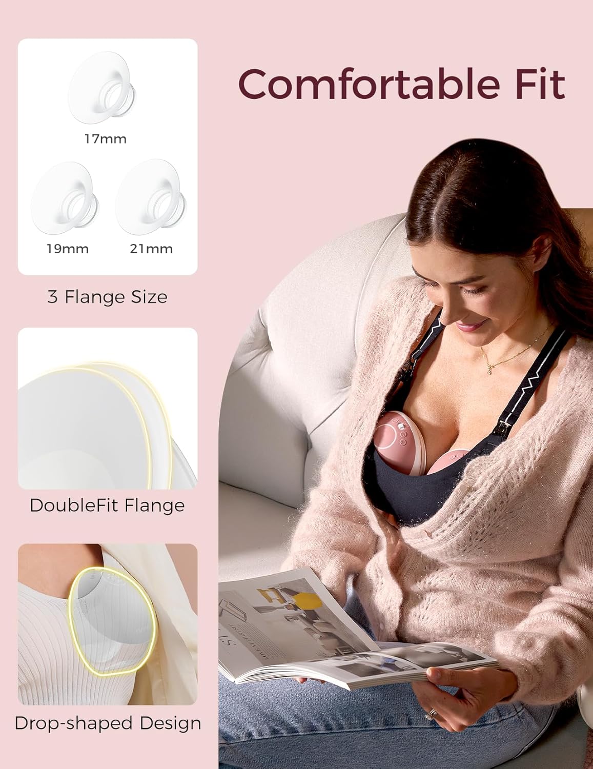 Momcozy hands free breast pump featuring a comfortable fit and multiple flange sizes for convenience