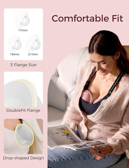 Momcozy hands free breast pump featuring a comfortable fit and multiple flange sizes for convenience