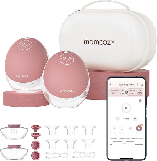 Momcozy hands free breast pump with portable case and adjustable settings for convenient pumping