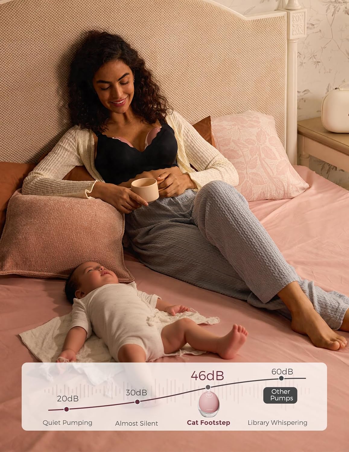 Momcozy hands free breast pump in use by a mum relaxing on a bed with her baby