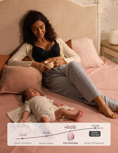 Momcozy hands free breast pump in use by a mum relaxing on a bed with her baby
